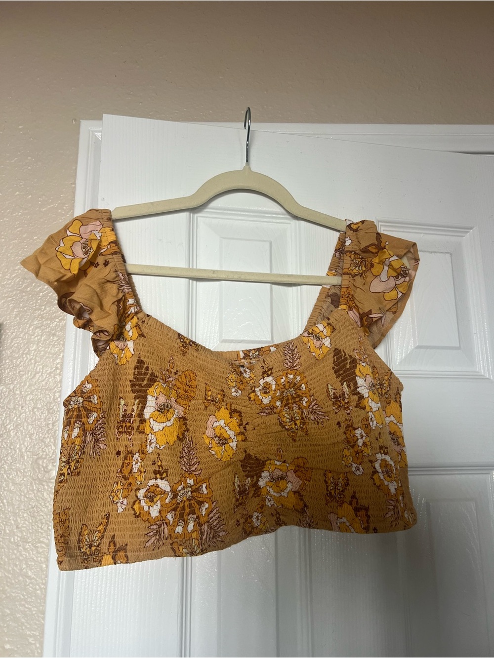 Volcom Mustard Floral Smocked Crop Top with Ruffle Straps